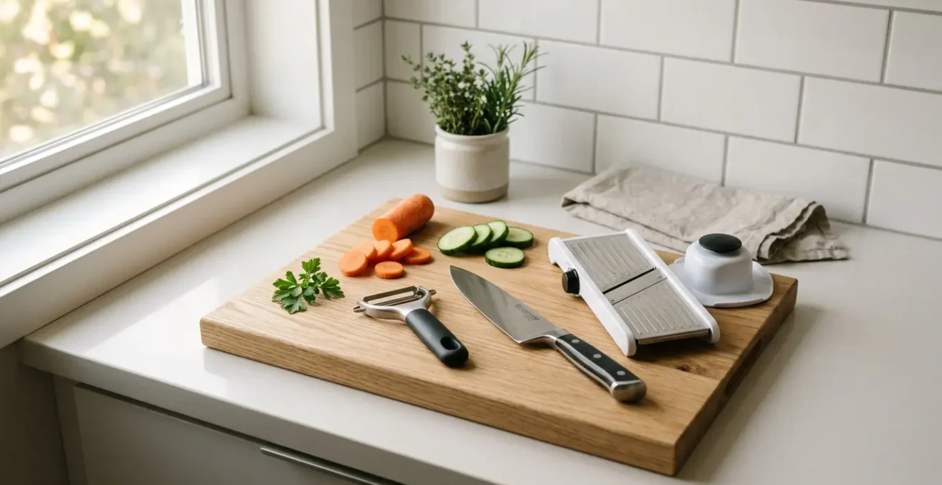 Scène de cuisine moderne avec ustensiles essentiels organisés pour gagner du temps au quotidien