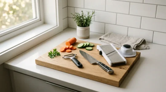 Scène de cuisine moderne avec ustensiles essentiels organisés pour gagner du temps au quotidien