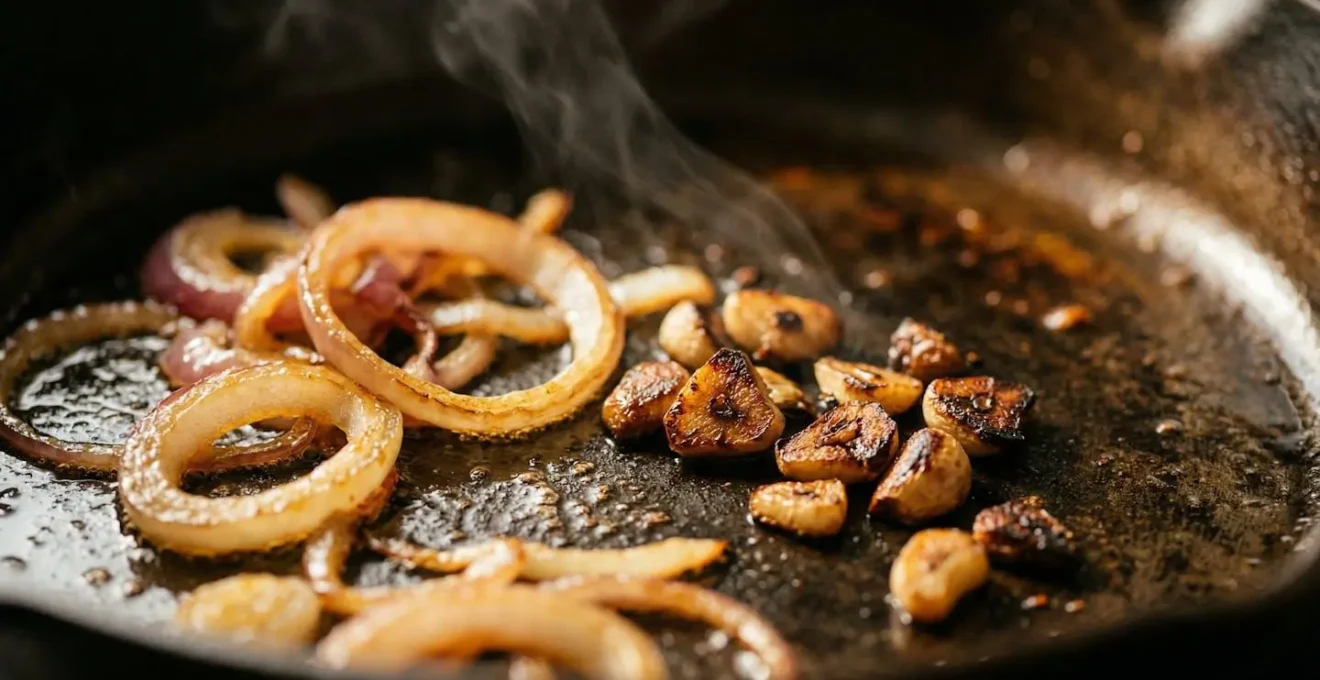 Gousses d'ail et tranches d'oignon cuisinant dans une poêle chaude avec différentes étapes de cuisson