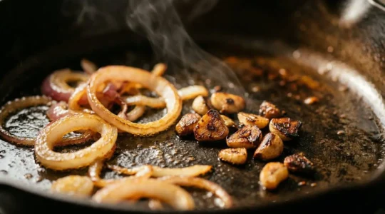 Gousses d'ail et tranches d'oignon cuisinant dans une poêle chaude avec différentes étapes de cuisson