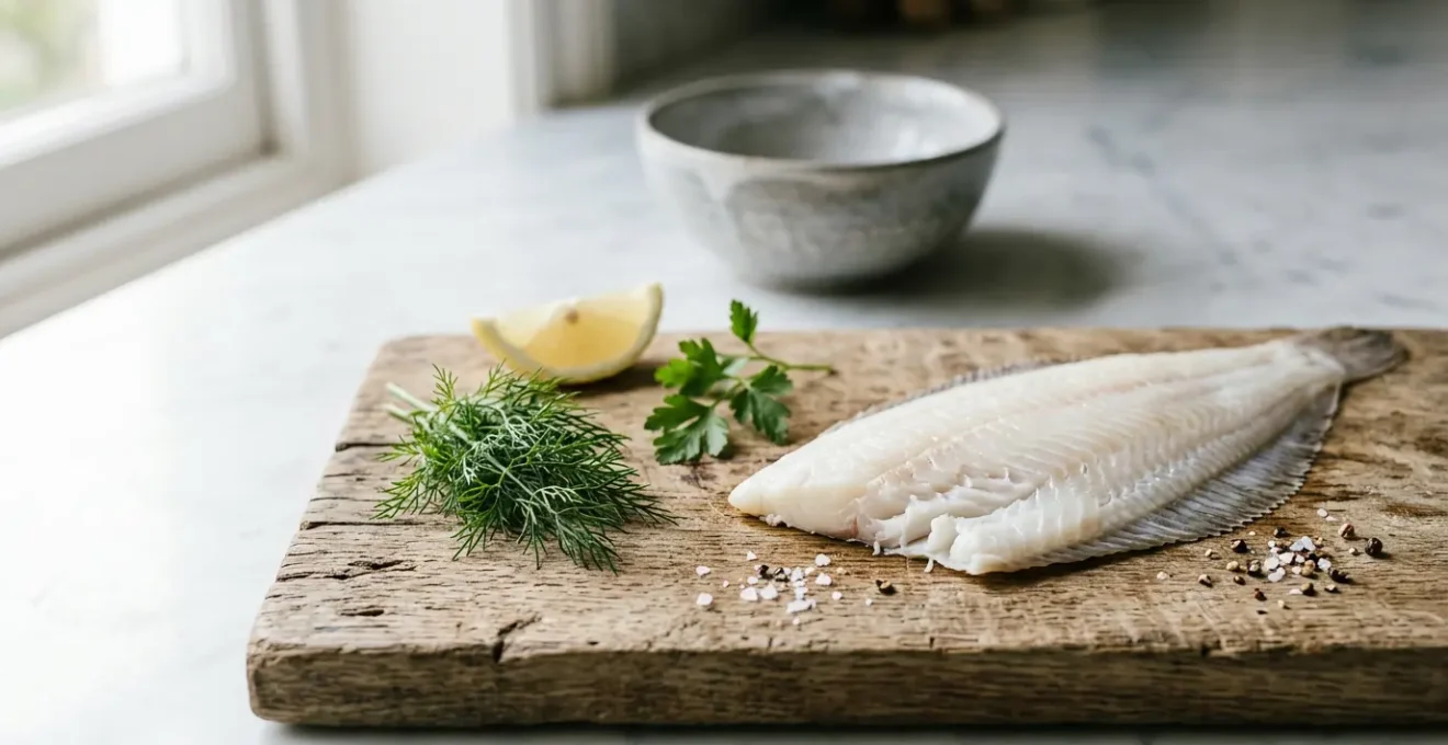 Filet de poisson blanc délicat sur planche avec herbes fraîches et condiments minimalistes