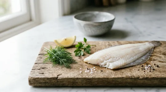 Filet de poisson blanc délicat sur planche avec herbes fraîches et condiments minimalistes