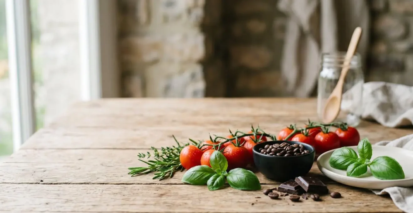 Ingrédients frais disposés harmonieusement illustrant les principes scientifiques des accords culinaires