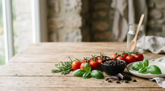 Ingrédients frais disposés harmonieusement illustrant les principes scientifiques des accords culinaires