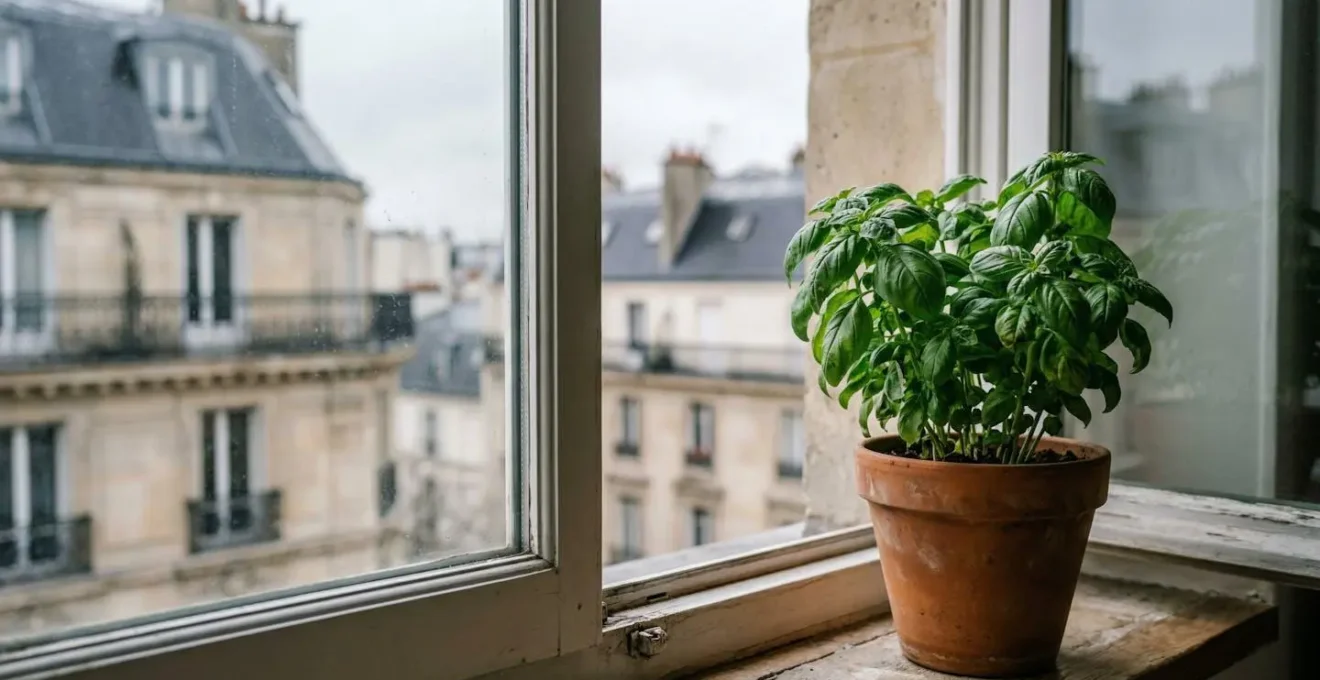 Plant de basilic verdoyant cultivé en pot sur un rebord de fenêtre lumineux en hiver