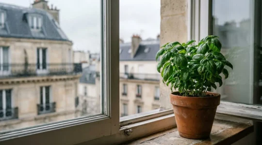 Plant de basilic verdoyant cultivé en pot sur un rebord de fenêtre lumineux en hiver