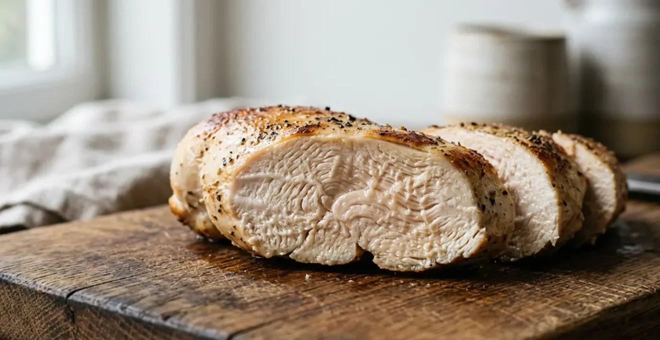 Filet de poulet cuit dans une poele en gros plan montrant la texture de la chair