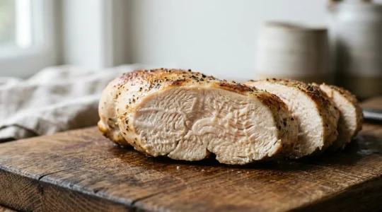 Filet de poulet cuit dans une poele en gros plan montrant la texture de la chair