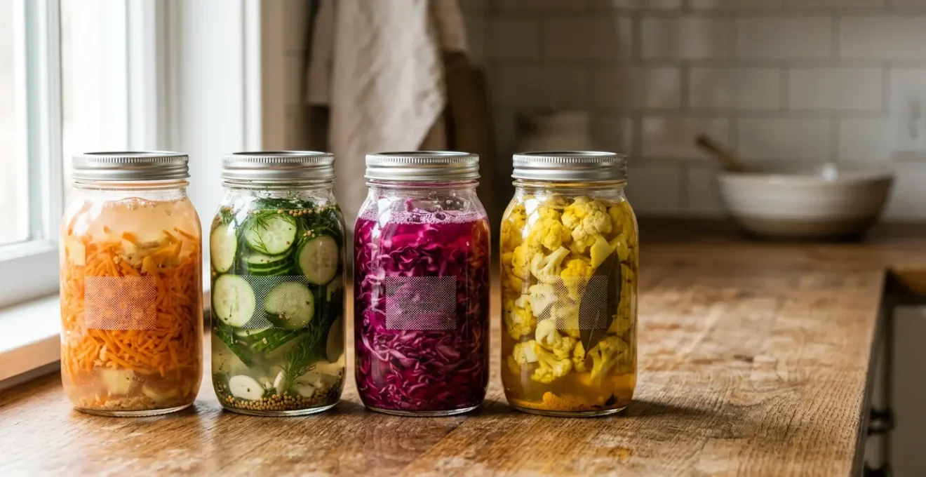 Bocaux en verre remplis de légumes fermentés colorés et croquants disposés sur un plan de travail de cuisine