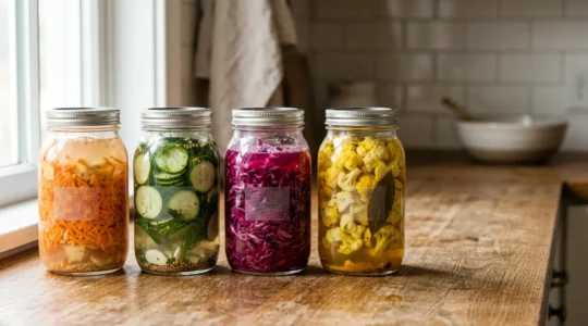 Bocaux en verre remplis de légumes fermentés colorés et croquants disposés sur un plan de travail de cuisine