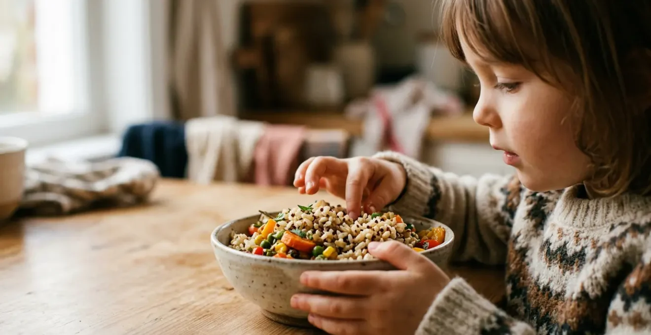 Mains d'enfant tenant un bol de céréales complètes colorées avec des fruits frais