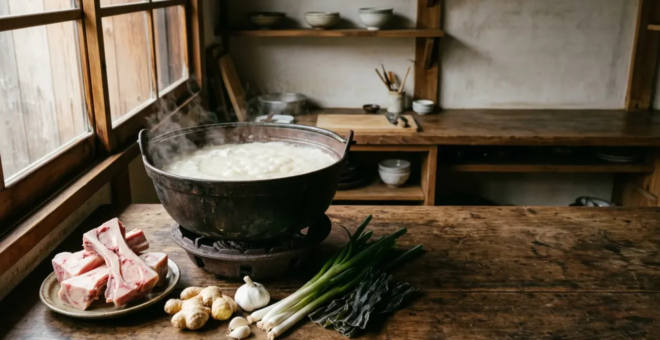 Bouillon de porc tonkotsu japonais d'un blanc laiteux crémeux dans une marmite traditionnelle