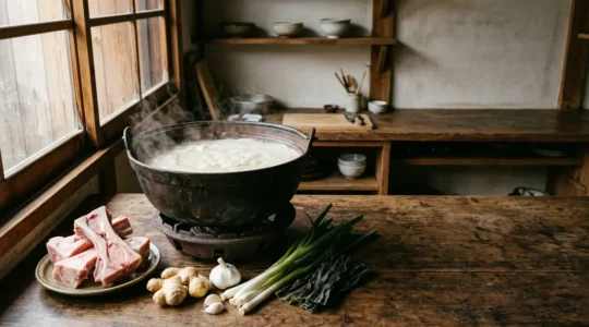 Bouillon de porc tonkotsu japonais d'un blanc laiteux crémeux dans une marmite traditionnelle