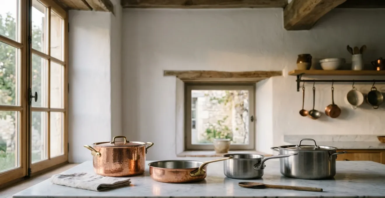 Comparaison entre casseroles en cuivre et en acier inoxydable dans une cuisine professionnelle