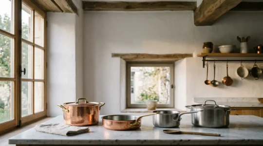 Comparaison entre casseroles en cuivre et en acier inoxydable dans une cuisine professionnelle