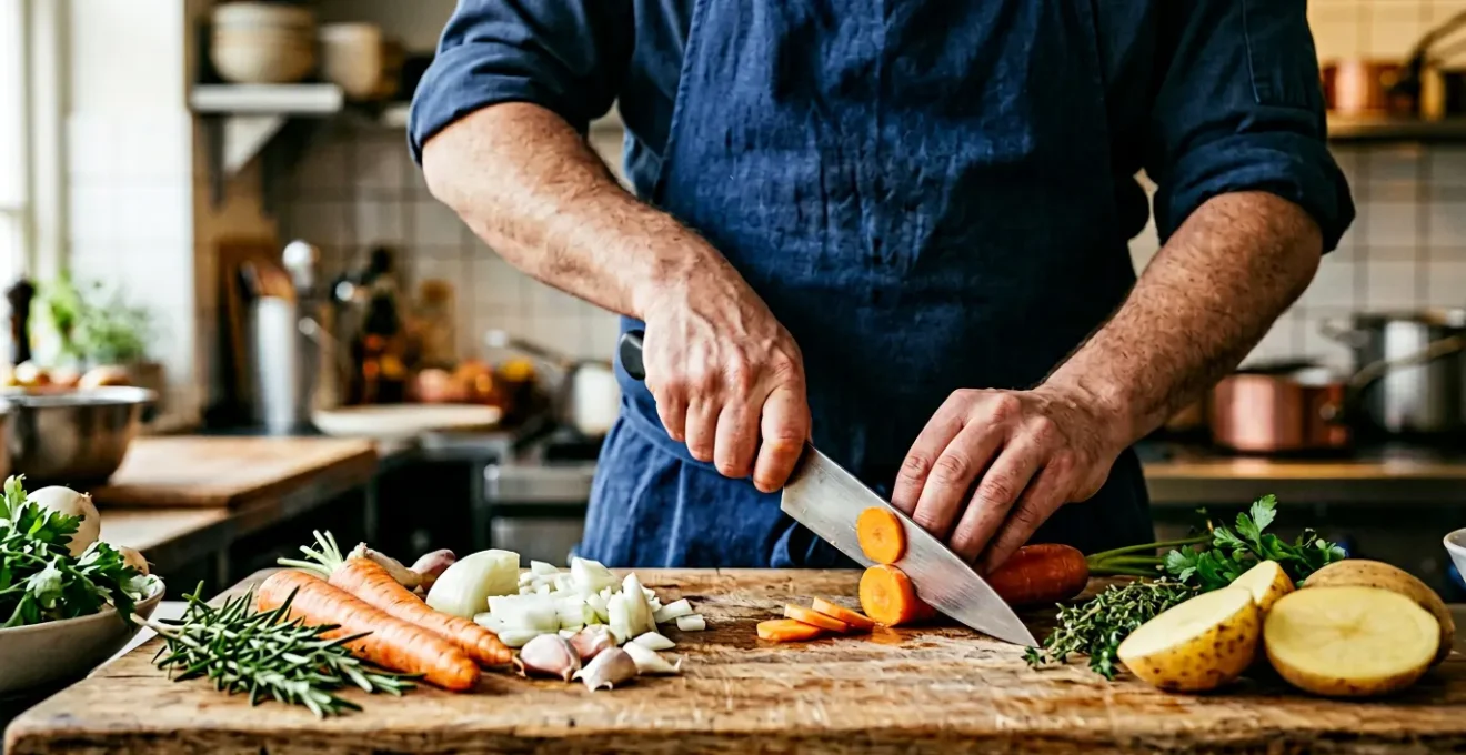 Gros plan sur des mains professionnelles manipulant un couteau de chef sur une planche à découper en bois avec des légumes frais