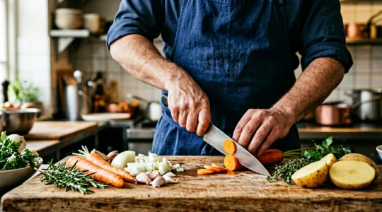 Gros plan sur des mains professionnelles manipulant un couteau de chef sur une planche à découper en bois avec des légumes frais