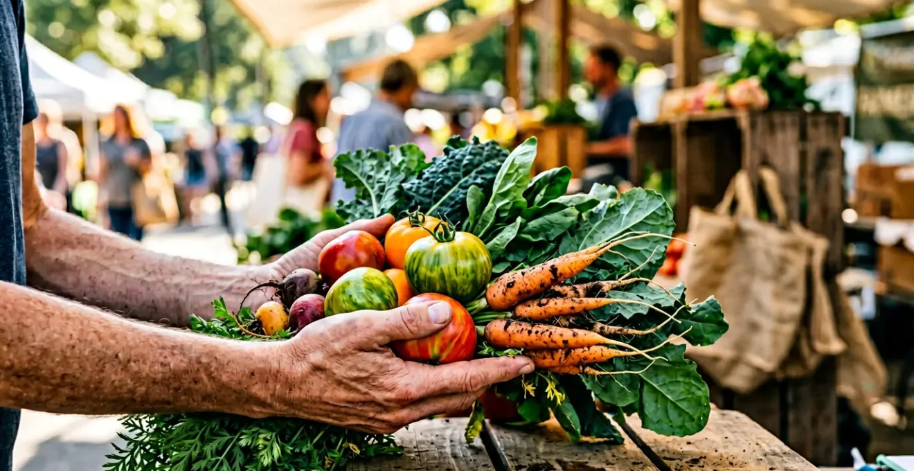 Mains tenant des legumes frais et colores au marche