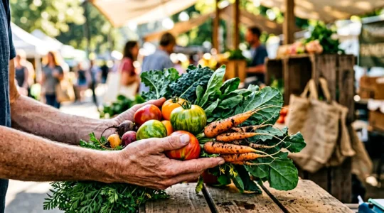 Mains tenant des legumes frais et colores au marche