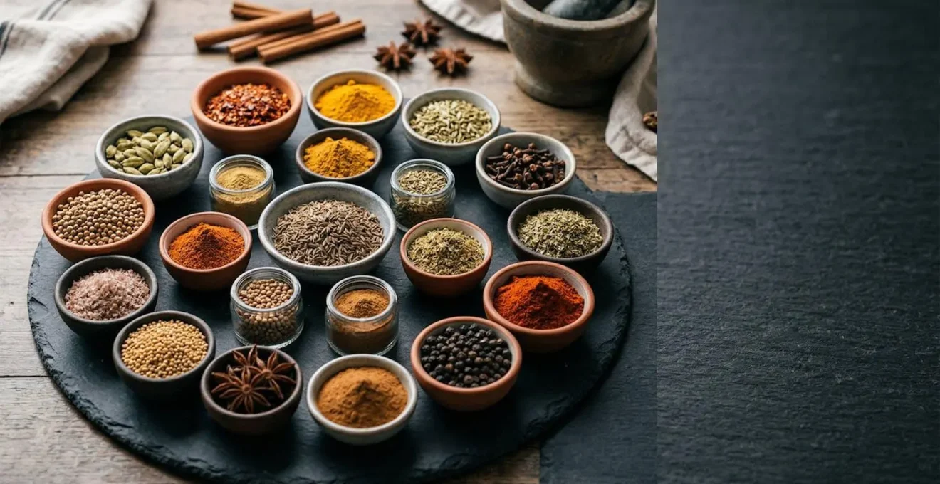 Collection de quinze épices essentielles arrangées avec soin pour la cuisine internationale