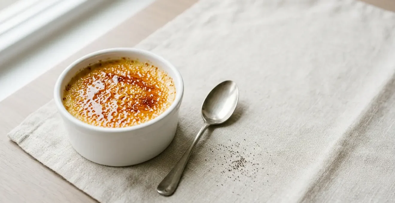 Crème brûlée dans un ramequin en porcelaine avec une surface caramélisée dorée et craquante