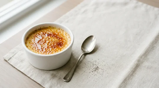 Crème brûlée dans un ramequin en porcelaine avec une surface caramélisée dorée et craquante