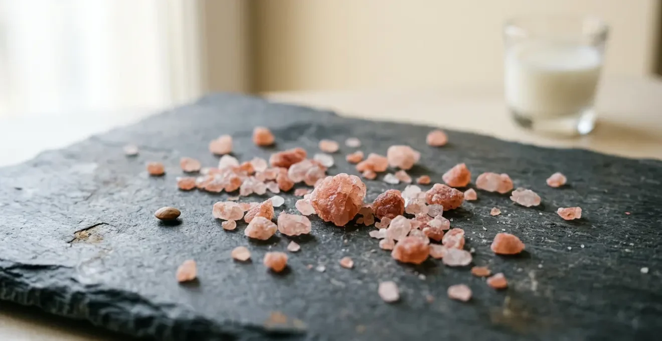 Cristaux de sel rose de l'Himalaya disposés sur une surface naturelle avec des éléments organiques