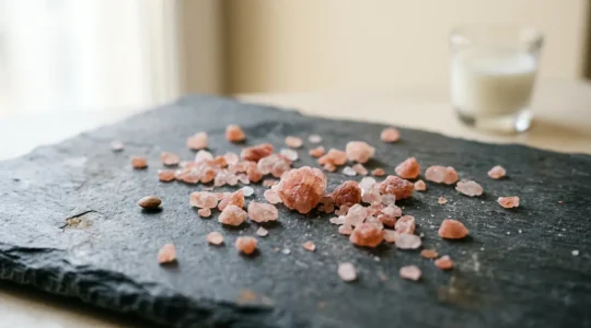 Cristaux de sel rose de l'Himalaya disposés sur une surface naturelle avec des éléments organiques