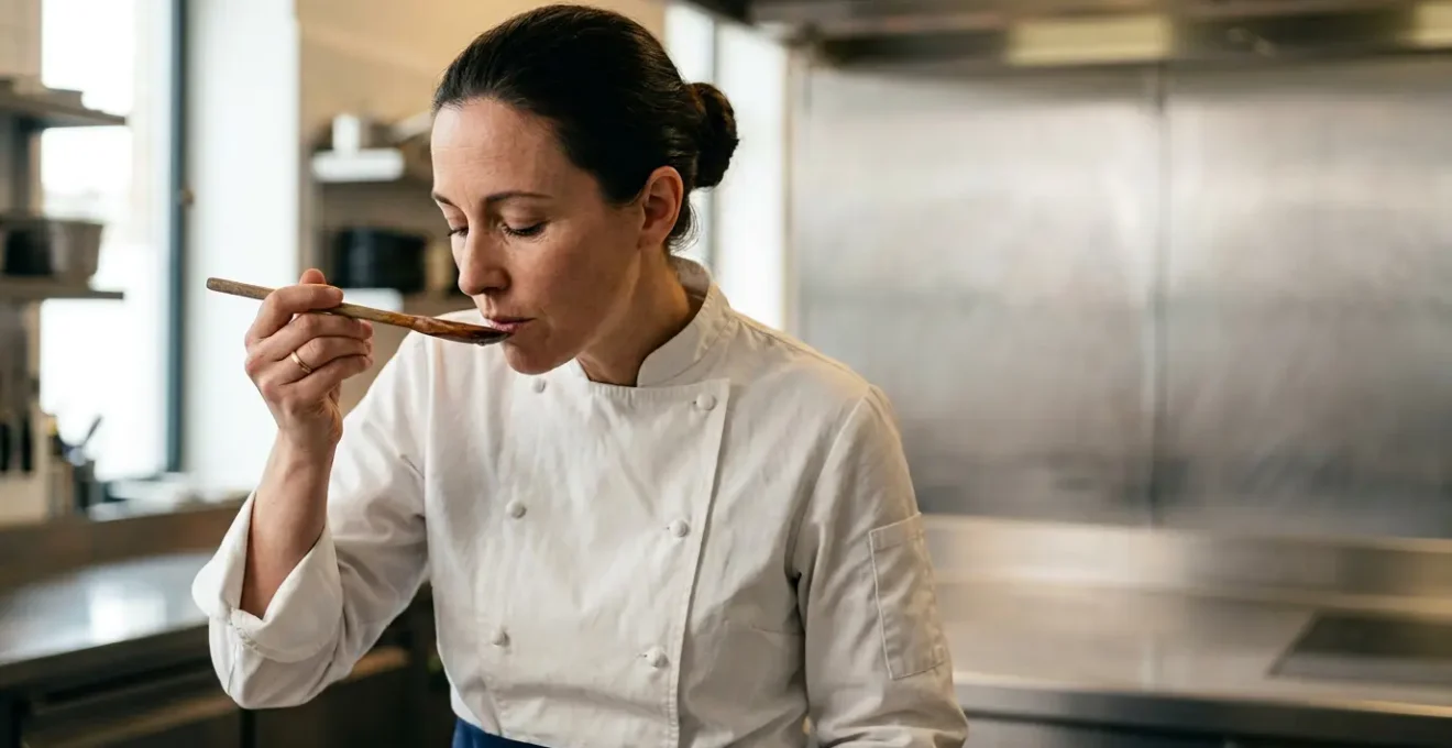 Chef evaluant l'assaisonnement d'un plat en cuisine avec concentration