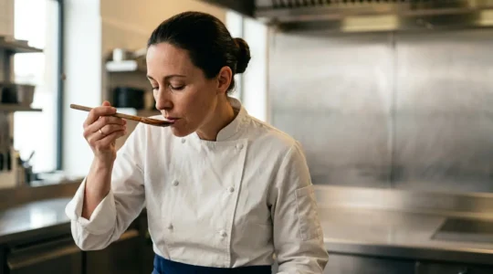 Chef evaluant l'assaisonnement d'un plat en cuisine avec concentration