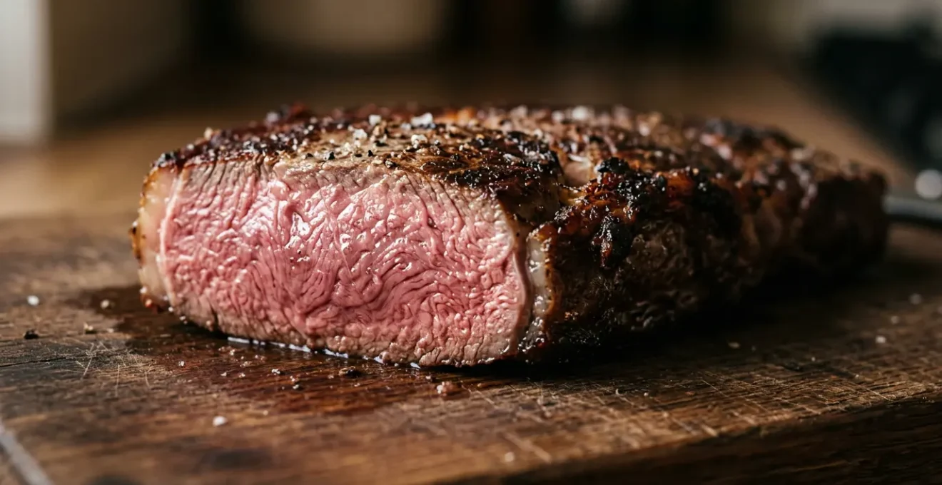 Entrecôte parfaitement rosée de bord à bord avec croûte caramélisée sur planche à découper en bois