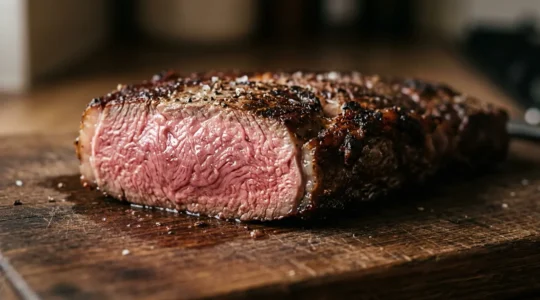 Entrecôte parfaitement rosée de bord à bord avec croûte caramélisée sur planche à découper en bois