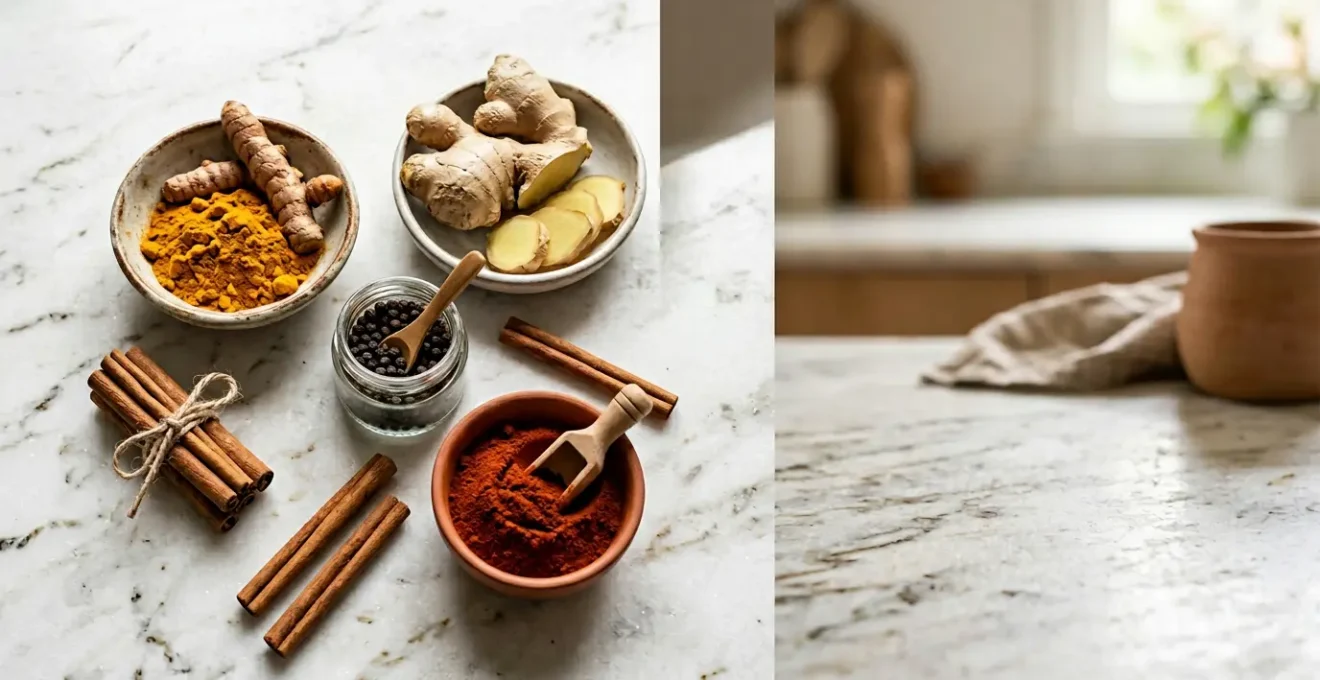 Assortiment d'épices colorées disposées artistiquement sur un plan de travail de cuisine