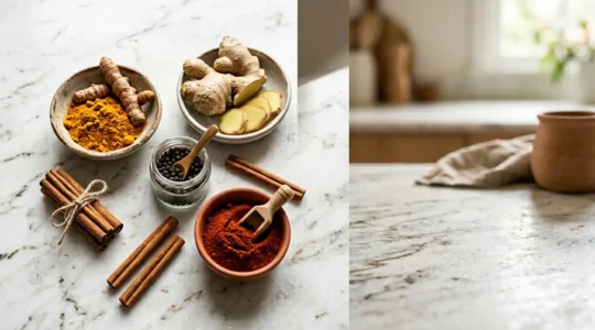 Assortiment d'épices colorées disposées artistiquement sur un plan de travail de cuisine