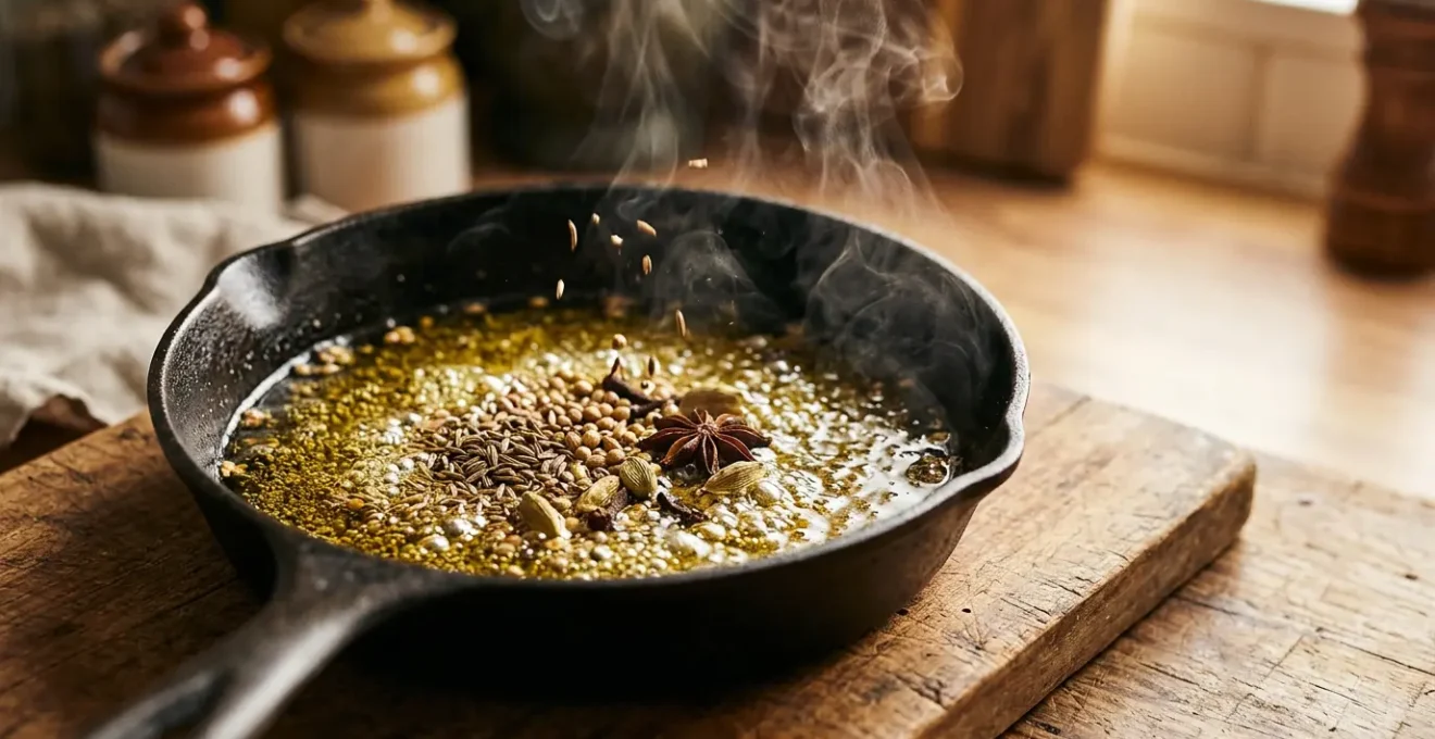 Infusion d'épices entières dans l'huile chaude avec vapeur aromatique