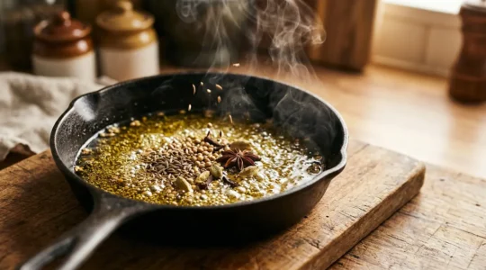 Infusion d'épices entières dans l'huile chaude avec vapeur aromatique