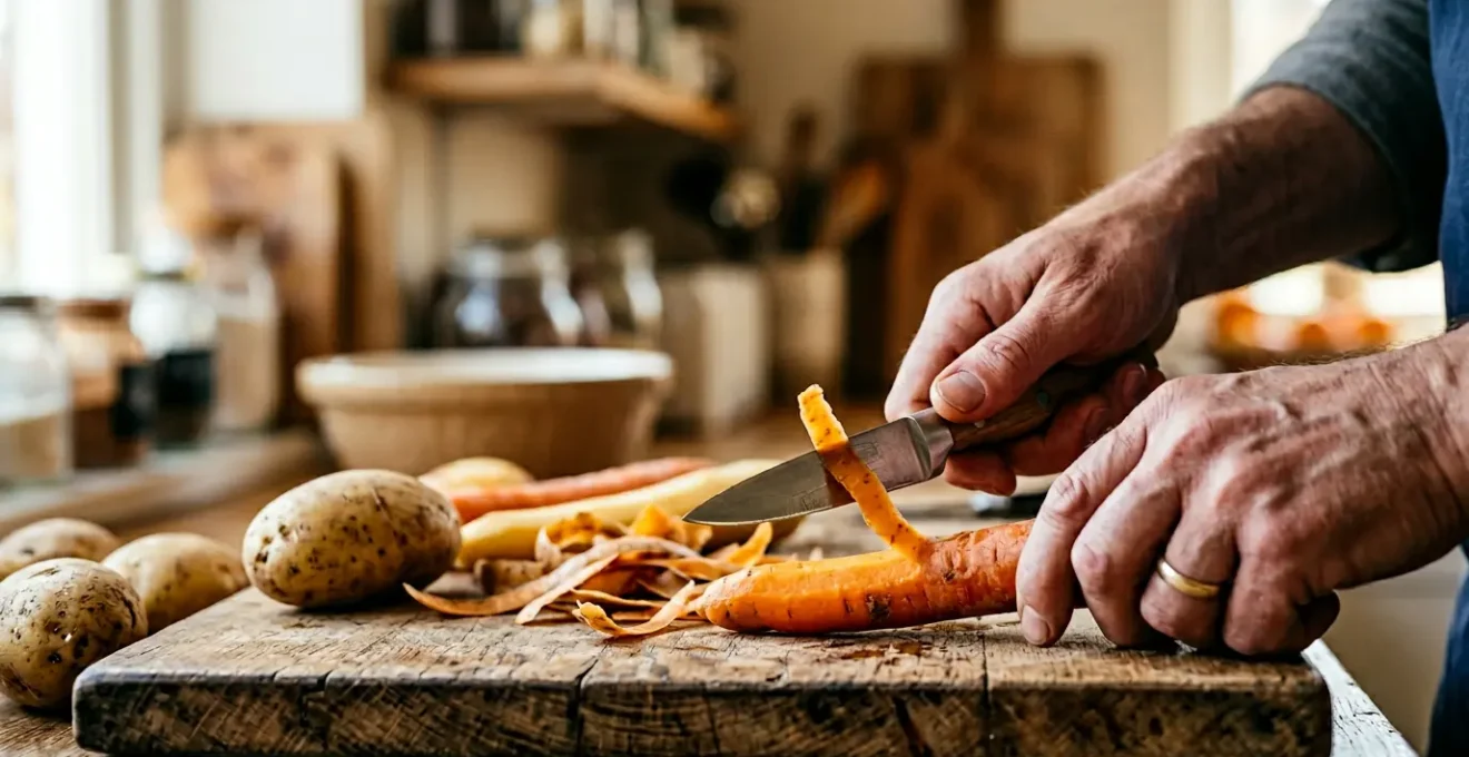 Mains d'un cuisinier professionnel épluchant rapidement des légumes variés avec un couteau d'office sur une planche de cuisine