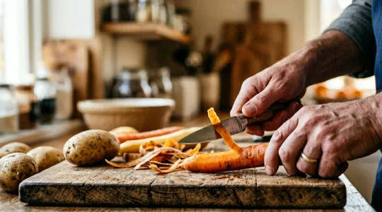 Mains d'un cuisinier professionnel épluchant rapidement des légumes variés avec un couteau d'office sur une planche de cuisine
