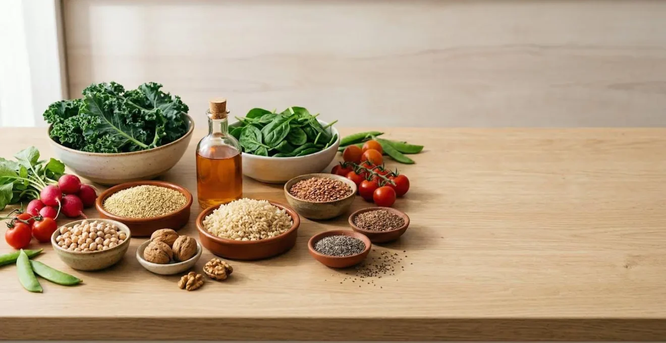 Composition culinaire montrant des aliments vegetaux riches en nutriments essentiels pour une alimentation equilibree