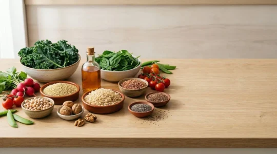 Composition culinaire montrant des aliments vegetaux riches en nutriments essentiels pour une alimentation equilibree