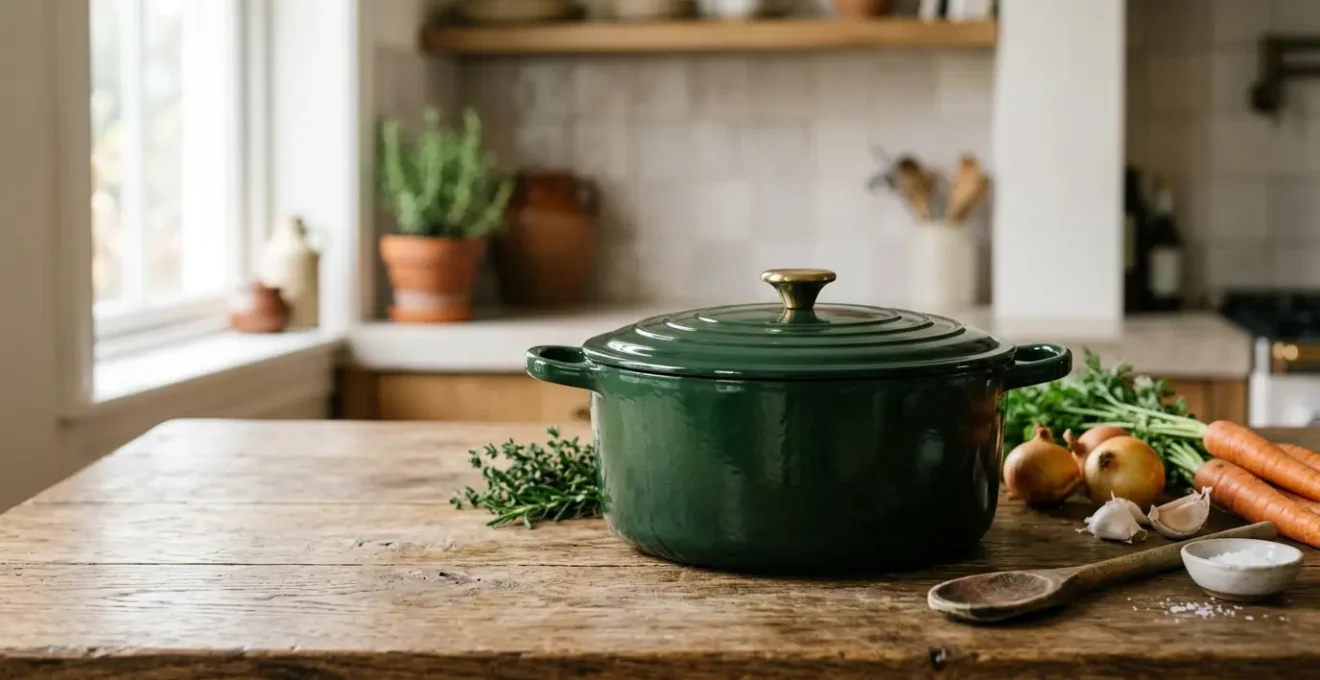 Faitout en fonte émaillée rouge posé sur un plan de travail en bois avec légumes et ustensiles de cuisine