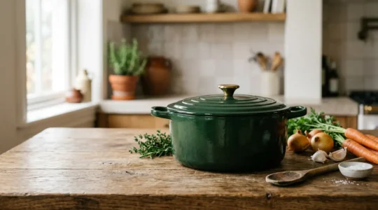 Faitout en fonte émaillée rouge posé sur un plan de travail en bois avec légumes et ustensiles de cuisine
