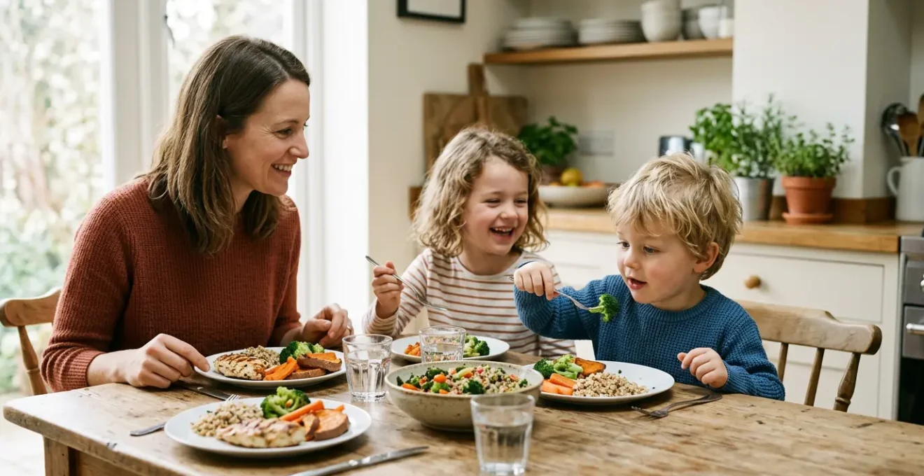 Famille partageant un repas coloré et équilibré dans une cuisine lumineuse