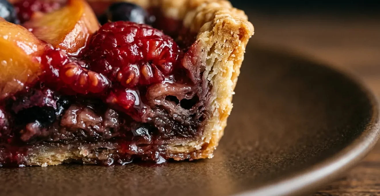Gros plan sur une part de tarte aux fruits avec pâte détrempée montrant le contraste entre fruits juteux et fond humide