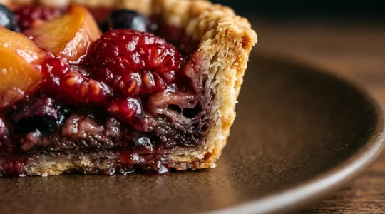 Gros plan sur une part de tarte aux fruits avec pâte détrempée montrant le contraste entre fruits juteux et fond humide