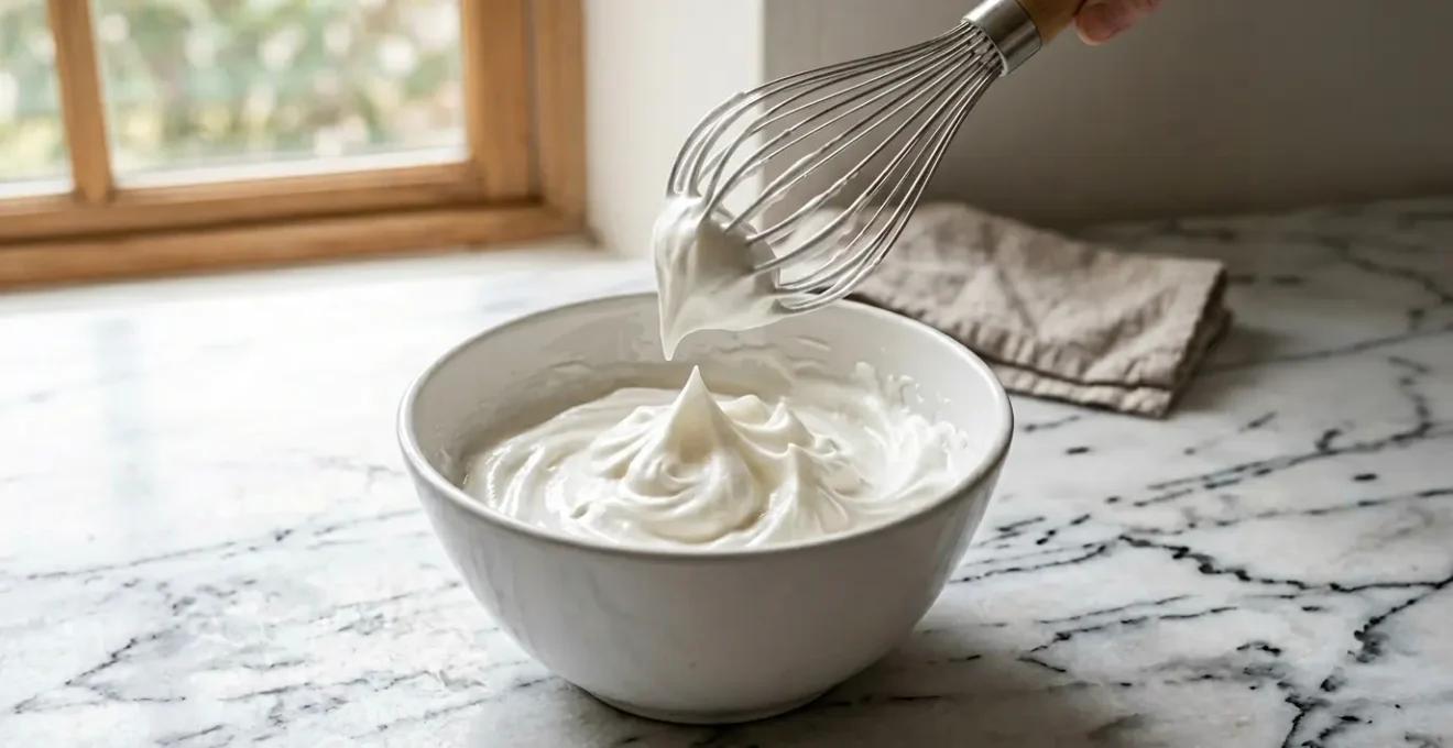 Fouet ballon en acier inoxydable au-dessus d'un bol contenant des blancs d'œufs montés en neige ferme dans une cuisine lumineuse