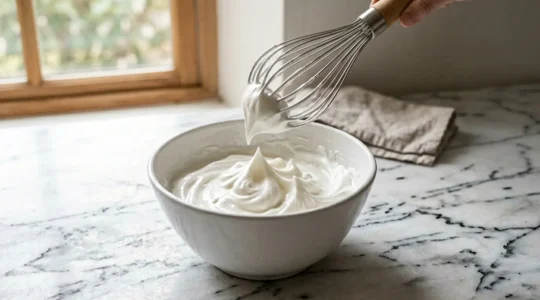 Fouet ballon en acier inoxydable au-dessus d'un bol contenant des blancs d'œufs montés en neige ferme dans une cuisine lumineuse
