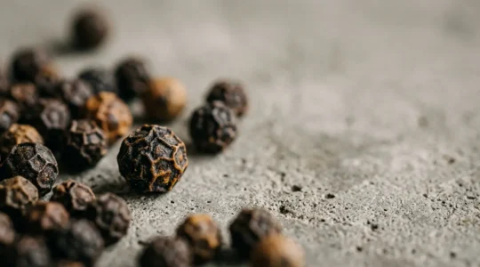 Gros plan sur des grains de poivre noir artisanaux éparpillés, montrant leurs textures ridées et leur couleur intense