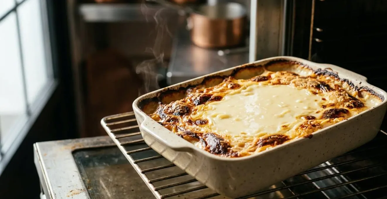 Plat à gratin montrant les différentes zones de cuisson avec des bords dorés et un centre encore cru