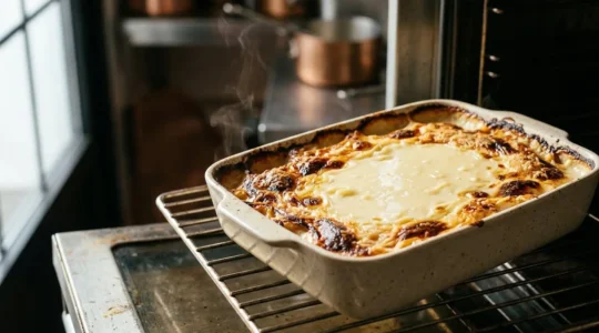 Plat à gratin montrant les différentes zones de cuisson avec des bords dorés et un centre encore cru